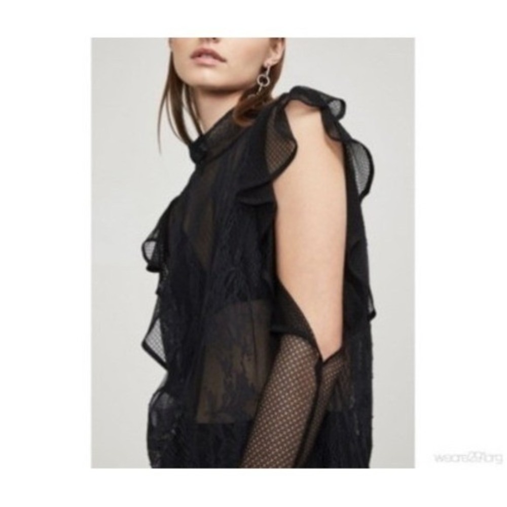 BCBGMaxAzria Sabian Black Lace‎ Ruffle Cold Shoulder Mock Neck Blouse Top XXS - Picture 6 of 12